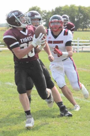 Lewiston’s Tristen Ray (#25) gets behind the defense for a big catch against Heartland. John Sterup/Republican