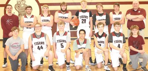 Members of the 2021-22 Lewiston Boys’ Basketball Team are front, from left: Brock Janssen, s.m., Jaxon Janssen, Everett Bohling, Draco Quintana, Ashton Sanders, Ethan Bohling, Grady Weyers, s.m. Back row: Head Coach Kohlton Gabehart, Brady Bledsaw, Tristen Ray, Ethan Horne, Caleb Rule, Ty Arena, Johnathan Burgett, Asst. Coach Matthew Sholty. Not pictured: Freddie McMurray.