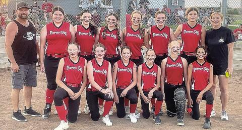 Picture of the PC team. Back row left – right: (Head Coach) Mark Sunneberg Jr, Lilah Yunghans, Ava Schlund, Ashlyn Puhalla, Ainsley Rauner, Aubrey Sisco, Kailyn Jensen, (Assistant Coach) Brittany Sunneberg; Front row left – right: Amelia Strathman, Mallory Hall, Mercy Mclaughlin, Vanessa Gottula, Emma Turnbull, Sophia Sunneberg