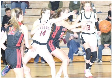 LHS’ Meagan Sanders (#14, left) goes up against P.C.’s Madison Lytle (#23) for a loose ball as P.C.’s Mallory Branek (#12, left) and LHS’ Katelyn Sanders (#3, right) look on. Paula Jasa/Republican