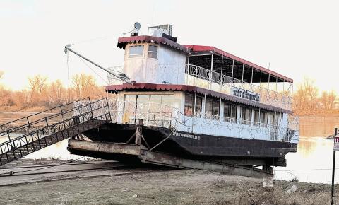 The Spirit of Brownville at sunset last weekend, pulled out of the river and waiting for its annual Coast Guard inspection. Then the question will be whether a pilot can be secured in time for this year’s summer excursions.