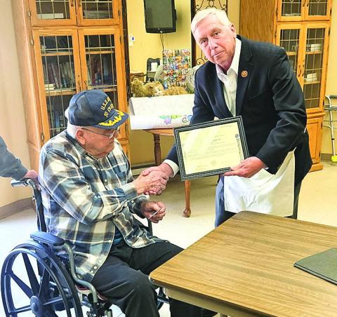On Saturday, May 2 several Masons from Pawnee Lodge #23 traveled to Colonial Acres Nursing Home in Humboldt, NE where WM David Wetrosky (right) presented Bro. Robert Berggren (left) with his 70 Year Certificate. Berggren's daughter and grandson were in attendance.
