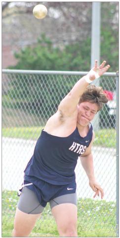 Paula Jasa/Republican HTRS’ Aiden Worthey launches a throw in the boys’ Shot Put. Worthey placed 4th with a toss of 37’2 1/4”.