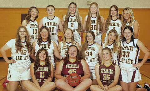 Members of the 2025-26 Lewiston/Sterling Girls’ Basketball Team are from left: front row: Jubilee Matkins, Dakota Andrews, Ayden Hunzeker; middle row: Vivienne Johnson, Bryleigh Crouse, Jocelyn Rathe, Alexandra Vollman, Arielle Bolen, Katelyn Hazen; back row: Braylee Houghton, Sara Wiles, Kynli Portwood, Isabella Lempka, Taylor Truscott, Justice Currie Photo credit: Becky Bartels - Blue Skies Photography