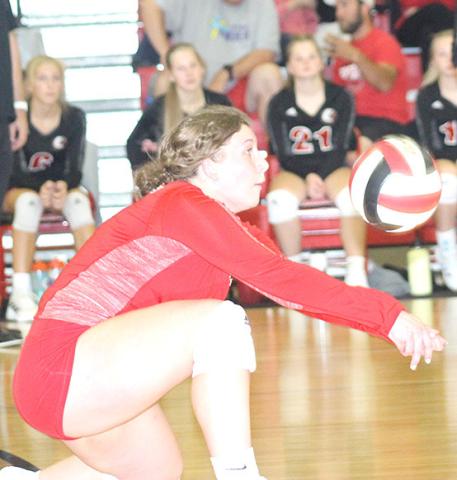 Paula Jasa/Republican P.C.’s Cameron Ottersberg digs a ball in Pawnee City’s Parent’s Night game against JCC last Thursday.