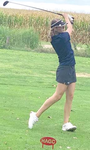 HTRS’ Gracie Shafer launches a tee shot at the Class C-1 District Meet last Tuesday. photo courtesy of Stephanie Dunlap Schmit