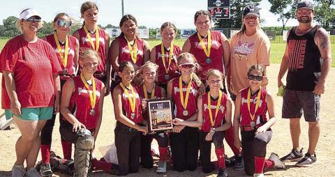 Members of the Pawnee City 12 &amp; Under Softball team are front row, from left: Ainsley Rauner, Sophia Sunneberg, Avery Lewis, Aubrey Sisco, Vanessa Gottula, Mercy McLaughlin. Back Row: Coach Megan Cochran, Amelia Strathman, Kailyn Jensen, Symphony Gyhra, Mallory Hall, Lilah Yunghans, Asst. Coach Courtney Kosiski, Asst. Coach Mark Sunneberg. Not pictured: Emma Turnbull.