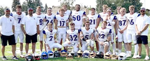 6-MAN FOOTBALL TEAM USA – The 6-Man American football team which was comprised of players from Montana, Nebraska, Wyoming and Texas competed against the Canada team over the weekend and won by a score of 84-16. Pawnee City’s Andy Maloley (#12, front row first from right) was named Captain of the team and played both running back and quarterback in the winning effort. photo courtesy of Jamie Maloley
