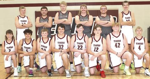 Members of the 2023-24 Lewiston Boys’ Basketball Team are front, from left: Cashton Steinacher, Alex Seeman, Taven Borcher, Axel Seeman, Cooper Swendener, Tristan Wagner, Brody Wright, Evan Christen. Back row: Everett Bohling, Brady Bledsaw, Caleb Rule, Tristen Ray, Jaxon Janssen, Ashton Sanders. Not pictured: Head Coach Kyle Asche and Asst. Coach Treyton Hippen.