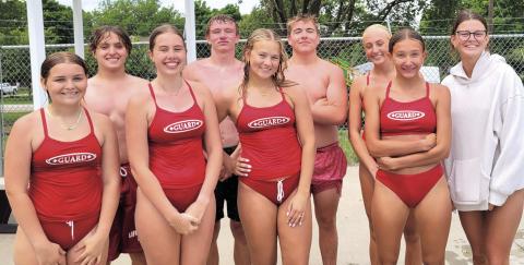 Left to right: Ava Meints, Preston Rumery, Larkyn Vlcek, Payton Rose, Madison Fender Gauge Schuetz, Madi Osbourne, Kinsley Benson, Pool Manager Mallory Branek.