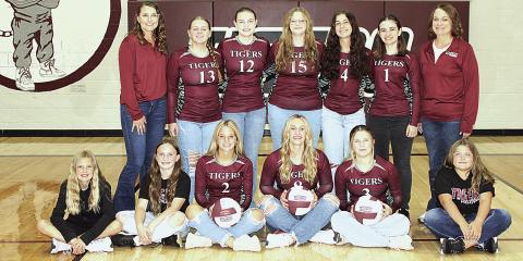 Members of the 2025 Lewiston volleyball team are front, from left: Abby Harms &amp; Alivia Wehrbein, Justice Currie, Seniors Madeline Janssen and Ayden Hunzeker. Back row: Kayleigh Wehrbein, Issabel Meyers, Sara Wiles, Vivienne Johnsen, Savannah Cutshall &amp; Aisilynn Campbell, Catie Neidemeyer. Not pictured: Gabby Gray and Lilli Gray