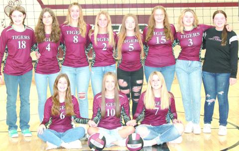 Members of the 2024 Lewiston volleyball team are front, from left: Kierstin Rehrs, Jenna Anderson and DeLanye Currie. Back row: Sara Wiles, Savannah Cutshall, Maddie Janssen, Justice Currie, Jacelyn Cloyd, Vivienne Johnsen, Ayden Hunzeker, Issabel Meyers, s.m. Not pictured: Head Coach Emily Bohling, Asst. Coach Pandora Worthey, Asst. Coach Carli Kohout.