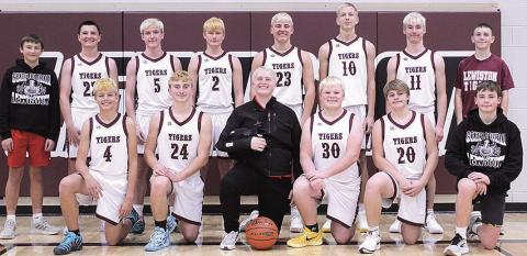 Members of the 2025-26 Lewiston Boys’ Basketball Team are front, from left: Ethan McEvers, Tristen Wagner, Brody Wright, Taven Borcher, Jacob Burns, Dalton Heideman. Second row: Braxton Houseman, Colter Steinacher, Grady Weyers, Cashton Steinacher, Brock Janssen, Chase Rule, Payton Heidemen, Owen Wehrbein. Not pictured: Axel Seeman, Head Coach Kyle Asche, Asst. Coach Treyton Hippen, Asst. Coach Andrew Paquette.