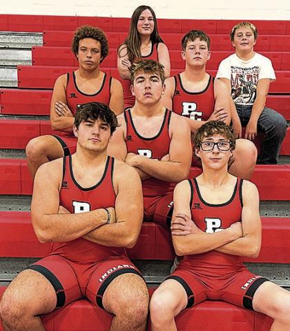 Members of the 2025-26 Pawnee City Wrestling Team are front: Dylan Layne, Luke Hunzeker. Second row: Gauge Schuetz. Third row: Saueng Bouthevong, Joel Strehle. Back row: Addison Boverhuis, Student Manager Parker Schuetz.