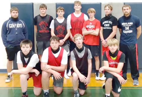 Members of the 2020-21 Pawnee City Boys’ Basketball team are front, from left: Brysen Horst, Joey Marteney, Justin Pierce, Trey Marteney. Back row: Asst. Coach Mason Amundson, Bryce Gyhra, Kaden Lang, Simon Osborne, Kylenn Koester, Kyle Gyhra, Head Coach Hadley Sejkora. Not pictured: Jacob Lytle, Nick Owen-Horner.