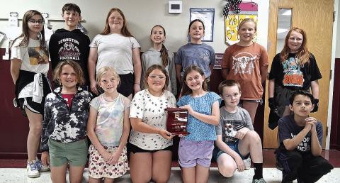 Lewiston 5th graders. Back Row: (Left to right) Sophia Meyers, Nolan Janssen, Avery Busing, Delaney Rohmeyer, Aubrey Petersen, Peyton Keedy, Juniper Melroy. Front row: Aarya Peck, Shyanne Peck, Blair Shields, Eloise Campbell, Liam Cookus, Sylas Peck