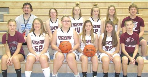Members of the 2020-21 Lewiston Girls’ Basketball Team are front, from left: Maddie Janssen, SM, Becca deKoning, Jaszmyne Charles, Masyn Arena, Leah Christen, Ashton Sanders, SM. Back Row: Asst. Coach Alex Callan, Carleigh Weyers, Meagan Sanders, Katelyn Sanders, Emma deKoning, Head Coach Schuyler Kuhlmann.