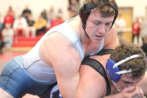 HTRS/P.C.’s Andy Maloley (left, on top) takes down his competition. Andy won the Class C 195 lb. Division. photo provided by Jamie Maloley