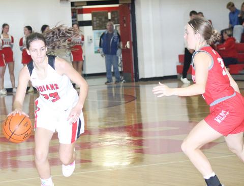 P.C.’s Emalyse Gottula brings the ball down against Frankfort, Ks. in the Lady Indians’ home opener. Gottula scored 5 points in the game to lead Pawnee City. Paula Jasa/Republican