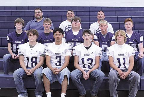 Members of the 2026 HTRS football team are (L-R front row) Seniors: Tristin Pagnano, Nicholas De Almeida, Colt Leech, Henrik Amelsberg. Second Row: Braxton Unruh, Jack Hilgenfeld, Nate Burns, Josh Manning, Zander Lambrecht. Third Row: Assistant Coach Alex Fulbright and Matt Pagnano. Head Coach: Travis Hall