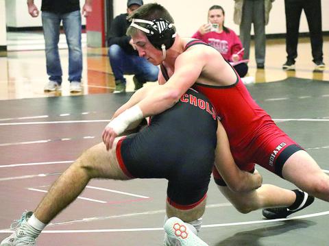 P.C.’s Jesse McLaughlin gets control of his JCC opponent at the P.C. Double Duals. Paula Jasa/Republican