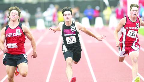 Pawnee City’s Jett Farwell (center) crosses the line quickly in the Class D boys’ 100 M. Dash prelims on Friday. Photo courtesy of Luke Nichols/Beatrice Daily Sun