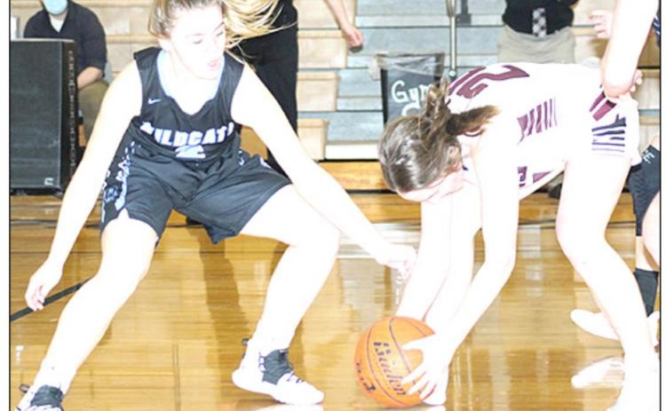 LHS’ Carleigh Weyers (#24, right) picks up a quick steal in Friday night’s game against Cedar Bluffs. Weyers scored 15 points and had 9 steals in the game. Paula Jasa/Republican