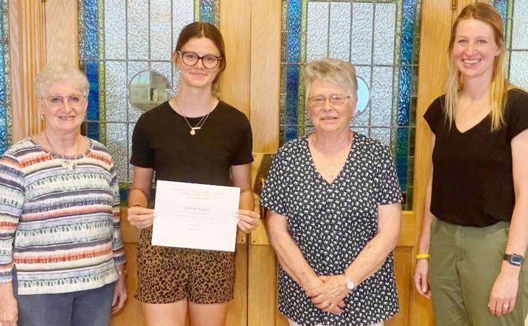 “Pictured: (l to r) Trudy Fankhauser (SNARSP scholarship committee member), Mallory Branek (2023 scholarship recipient), Sharon Bogle (SNARSP scholarship committee member), and Lisa Blecha (Pawnee City Schools Guidance Counselor). Not pictured, Sherry Kermoade (SNARSP committee