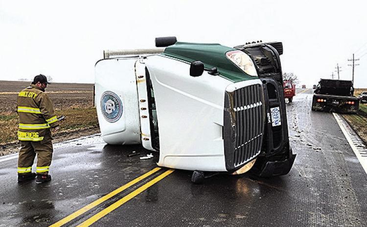 A semi-truck rolled over on Highway 50, one mile east of Pawnee City on Wednesday, March 19 during high winds. First responders acted quickly and no injuries were reported. Winds reached a wind gust of 72 mph around 3pm on Wednesday, according to Jon Howard, a local weather reporter. Photo Credit: Sheriff Lang