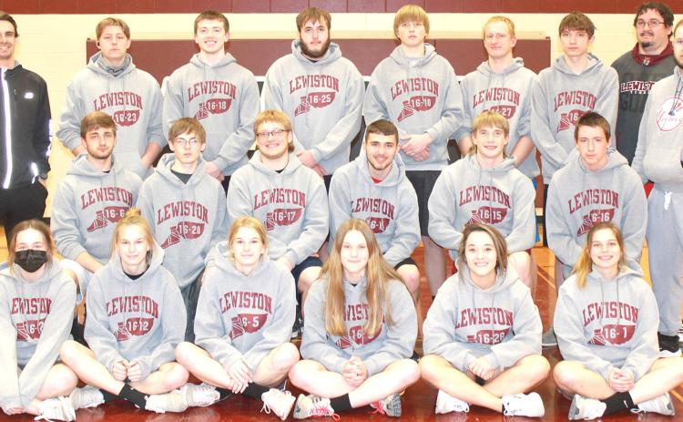 Members of the 2021 Lewiston Track Team are front, from left: Carleigh Weyers, Katelyn Sanders, Meagan Sanders, Emma deKoning, Kelsay Bledsaw, Masyn Arena. Second row: Zach Robinson, Ethan Bohling, Jaxon Janssen, Brady Bledsaw, Tristen Ray, Johnathan Burgett, Coach Kyle Ashe. Back row: Head Coach Kohlton Gabehart, Ty Arena, Hayden Christen, Ethan Horne, Caleb Rule, Jon Janssen, Kienen Creek, Coach Alex Callan. Not pictured: Freddie McMurray, Persefenie Woutzke, Jaszmyne Charles.