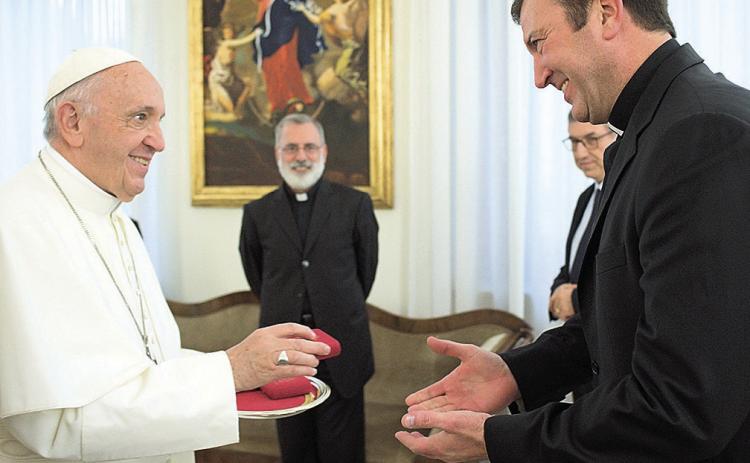Rev. Monsignor Richard Allen Gyhra, who grew up in rural Pawnee County, NE, meets with Pope Francis