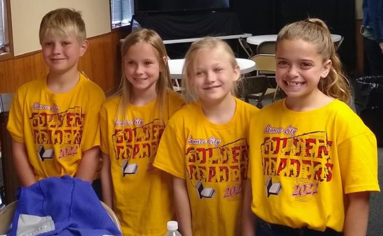 Photo of the group that won 3rd place in the Golden Readers Contest (from Pawnee City). From left to right: Jace Rauner, Vanessa Gottula, Camryn Fetherkile, Alana Gyhra