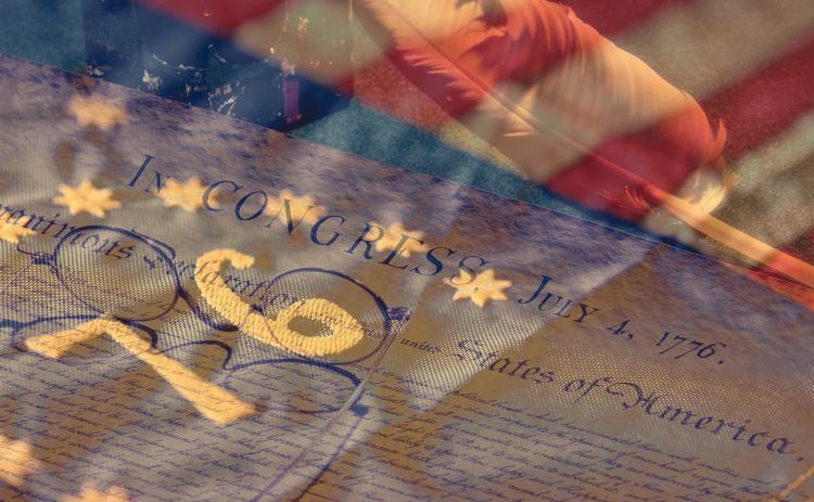 America 250 cup design, 1776 flag over image of The Declaration of Independence