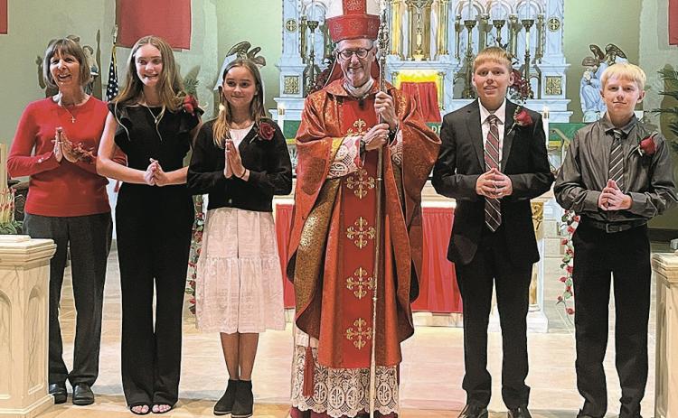 Pictured left to right - Marcia Borcher (confirmation instructor), Aubrey Sisco, Kenzie Oenbring, Bishop Connley, Ryan Plager and Owen Bernadt Tuesday, October 22, 2024 Steinauer St. Anthonys and Burchard Sacred Heart welcomed Bishop Connley, Bishop of the Lincoln Diocese, to celebrate mass at St. Anthonys and confirm Aubrey Sisco, Kenzie Oenbring, Ryan Plager and Owen Bernadt.