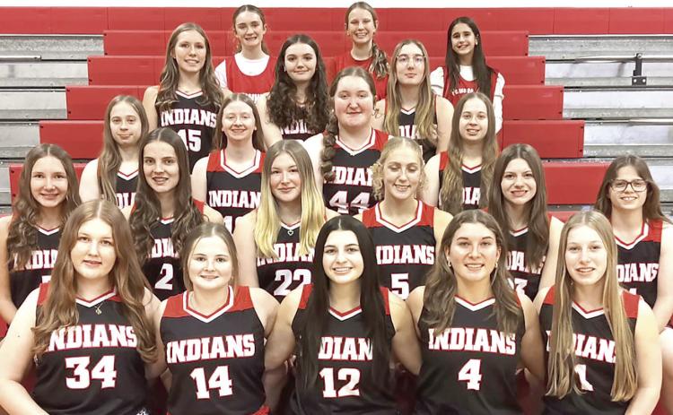 Members of the 2024-25 Pawnee City Girls’ Basketball team are front, from left: Embla Isdal-Rogni, Madolyn Gottula, Neveah Blecha, Cameron Ottersberg, Cara Pierce. Second row: Kinsley Benson, Emalyse Gottula, Abby Dietrich, Maddy Osborne, Taelyn Blecha, Bre Gyhra. Third row: Ericca Gyhra, Kailey Hartman, Adelyn Sisco, Denielle Gyhra. Fourth row: Haylee Plager, Ashlyn Puhalla, Addison Peterson. Back row: Aubrey Sisco, Ainsley Rauner, Sophia Sunneberg.