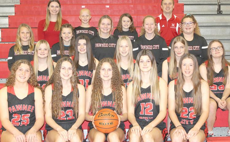 Members of the 2021-22 Pawnee City Girls’ Basketball team are front, from left: Cameron Ottersberg, Madison Lytle, Emily Lytle, Mallory Branek and Hallye Friedly. Second row: Madolyn Gottula, Neveah Blecha, Cara Pierce, Claire Kaster and Kayla Snyder. Third row: Ainsley Rauner, Taelyn Blecha, Kennadi Benson, Alyssa Pierce and Riana McAhon. Fourth row: Head Coach Kealyn Ensminger, Emma Turnbull, Piper Eubanks and Coach Kluck. Not pictured: Sara Wiemers.