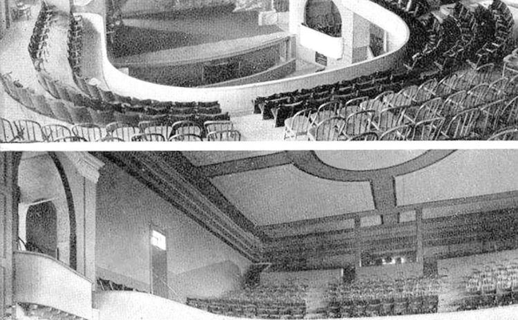 Pawnee City Opera House. Top looking down on the stage from the balcony. Bottom looking out at the seating.