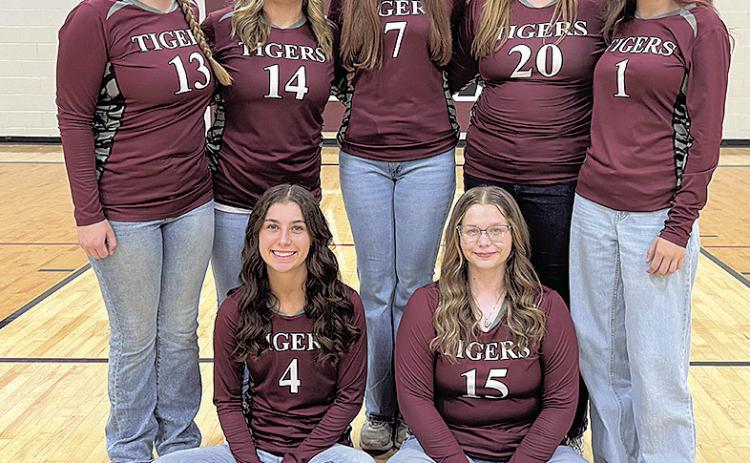 The Lewiston Lady Tigers Volleyball team from left to right: (Front Row) Savannah Cutshall, Vivienne Johnson (Back Row) Izzy Meyers, Zoey Pospichal, Brooklyn Eggert, Kaitlyn Lehmann, Caitly Muir