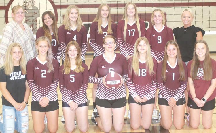 Members of the 2022 Lewiston volleyball team are front, from left: Justice Currie, s.m., Madeline Janssen, Kiersten Rehrs, Sara Wiemers, DeLanye Currie, Leah Christen, Jenna Anderson, s.m. Back row: Asst. Coach Emily Bohling, Jaqueline Mullins, Emma deKoning, Katelyn Sanders, Meagan Sanders, Carleigh Weyers, Coach Whitney Antons.