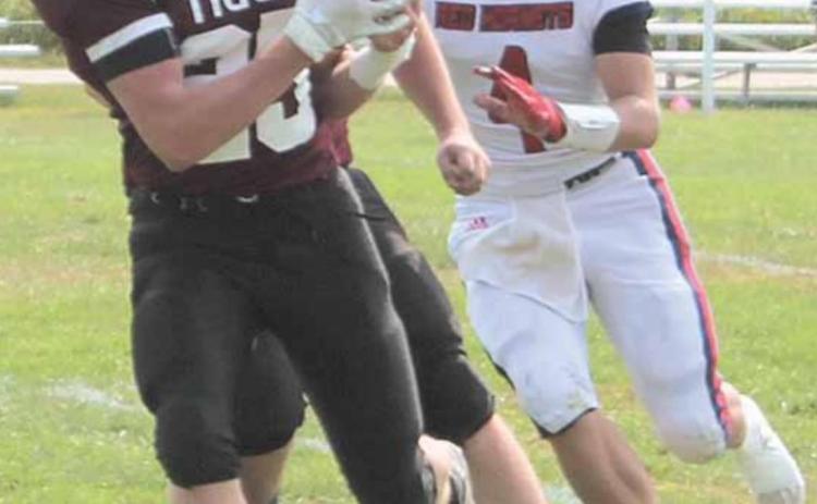 Lewiston’s Tristen Ray (#25) gets behind the defense for a big catch against Heartland. John Sterup/Republican