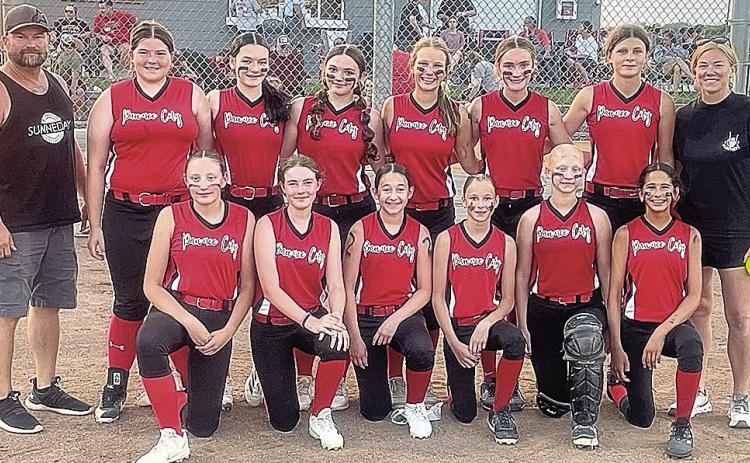 Picture of the PC team. Back row left – right: (Head Coach) Mark Sunneberg Jr, Lilah Yunghans, Ava Schlund, Ashlyn Puhalla, Ainsley Rauner, Aubrey Sisco, Kailyn Jensen, (Assistant Coach) Brittany Sunneberg; Front row left – right: Amelia Strathman, Mallory Hall, Mercy Mclaughlin, Vanessa Gottula, Emma Turnbull, Sophia Sunneberg