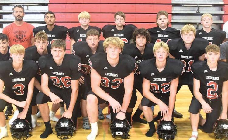 Members of the 2020 Pawnee City Football team are front, from left: Kylenn Koester, Bryce Gyhra, Simon Osborne, Kyle Gyhra, Logan Tozer. Second row: SM Philip Layne, Andy Maloley, Joey Marteney, Anthony Moore, Clayton Shook, Anthony Kling, SM;. Back row: Asst. Coach Ben Blecha, Asst. Coach Shane Maloley, Nick Owens-Horner, Trey Marteney, Hunter Marrs, Justin Pierce, RC Valdez, Head Coach Scott Brumbaugh.