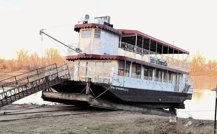 The Spirit of Brownville at sunset last weekend, pulled out of the river and waiting for its annual Coast Guard inspection. Then the question will be whether a pilot can be secured in time for this year’s summer excursions.