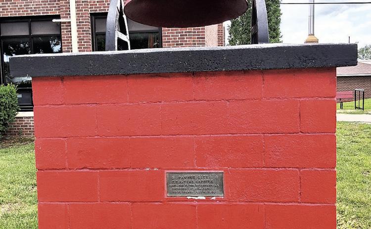 The bell outside Pawnee City Public School, where the time capsule resides