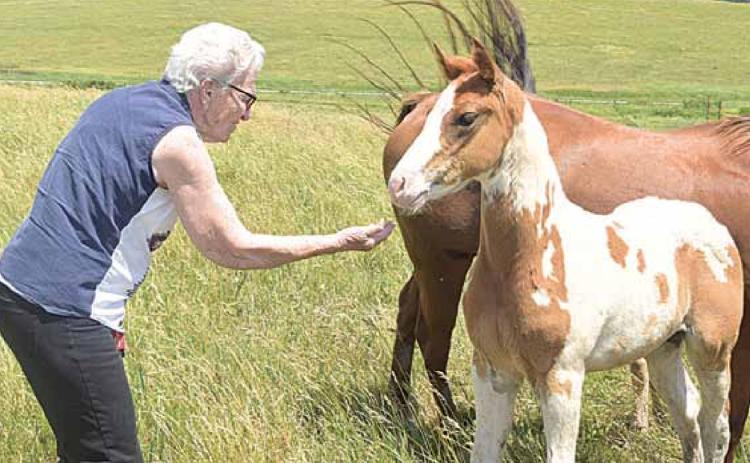 Opal Rule reaches out to Tater to come closer. Tater was born on Good Friday, hence his name. Rau Kappel/Republican