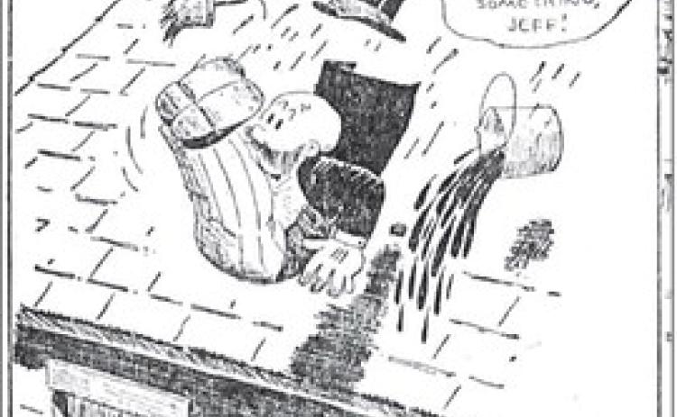 First frame of a 1915 Mutt &amp; Jeff comic strip by Bud Fisher. Jeff is falling off a roof, and Mutt yells, “For the Love of Mike, grab hold of something, Jeff!”