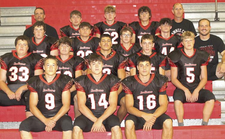 Members of the 2024 Pawnee City Football team are front, from left: Jesse McLaughlin, Jett Farwell, Anthony Kling. Second row: Hayden Binder, Tyler Tegtmeier, Atreyu Kling, Dawson Wilkinson, Cael Johnson. Third row: Aidan Petersen, Dylan Layne, Luke Hunzeker, Malachi Noahr, Asst. Coach Josh Andreson. Back row: Asst. Coach Shane Maloley, Justin Baehr, Payton Rose, Jaydon Johnson, Head Coach Scott Brumbaugh. Not pictured: Asst. Coach Ben Blecha.