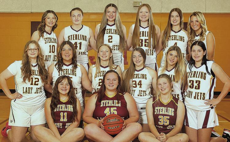 Members of the 2025-26 Lewiston/Sterling Girls’ Basketball Team are from left: front row: Jubilee Matkins, Dakota Andrews, Ayden Hunzeker; middle row: Vivienne Johnson, Bryleigh Crouse, Jocelyn Rathe, Alexandra Vollman, Arielle Bolen, Katelyn Hazen; back row: Braylee Houghton, Sara Wiles, Kynli Portwood, Isabella Lempka, Taylor Truscott, Justice Currie Photo credit: Becky Bartels - Blue Skies Photography