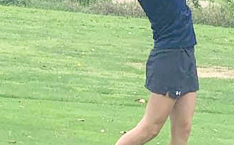 HTRS’ Gracie Shafer launches a tee shot at the Class C-1 District Meet last Tuesday. photo courtesy of Stephanie Dunlap Schmit