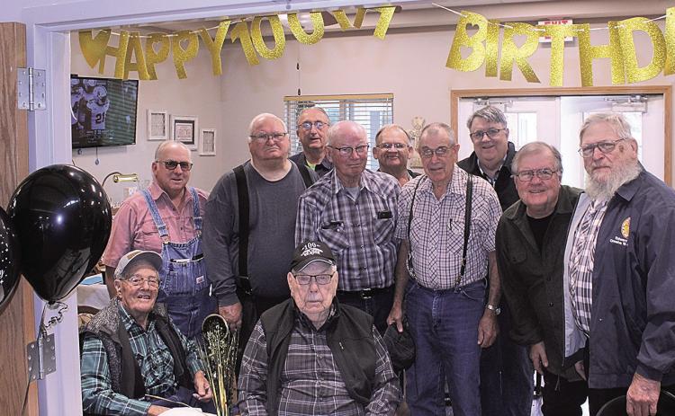 Lawrence Bradbury celebrated his 100th birthday with an open house at Pawnee City Assisted Living Facility. On hand were family and friends including the members of the local Masonic Lodge, seen here with Bradbury. He is a lifelong Mason. Also attending as a mason was Charlie Hatfield, not pictured.